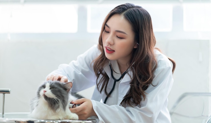 Photo 猫の病状を調べるアジアの女性獣医