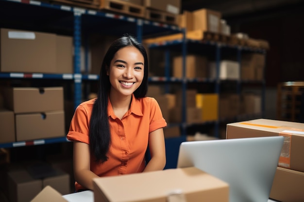 Asian female warehouse manager with laptop in distribution center Storehouse package supervisor