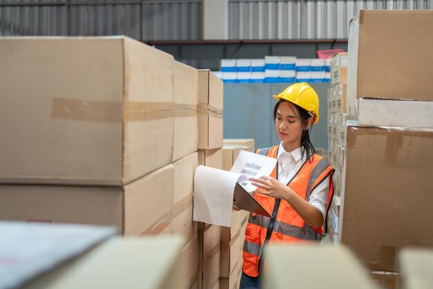 Photo asian female warehouse worker with clipboard checking product in cardboard box in factory warehouse