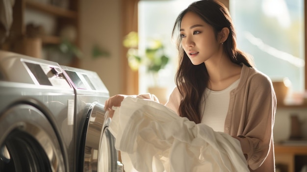 집에서 세탁기와 함께 아시아 여성 세탁 담요
