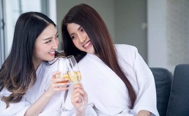 asian female wear bathrobe at bedroom