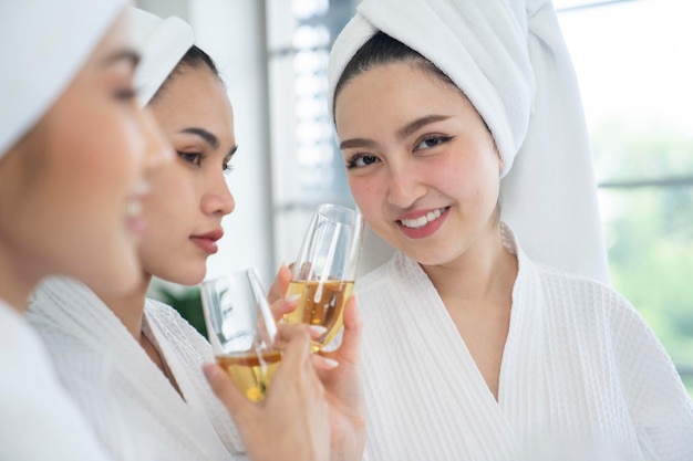 asian female wear bathrobe at bedroom