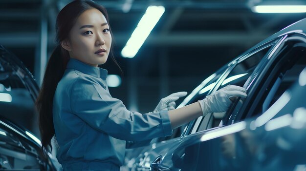 アジアの女性労働者が私たちのために準備をしている専門家 EV 車の詳細をチェックしています