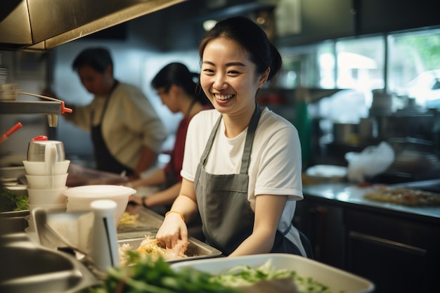 An asian female worker serving customers