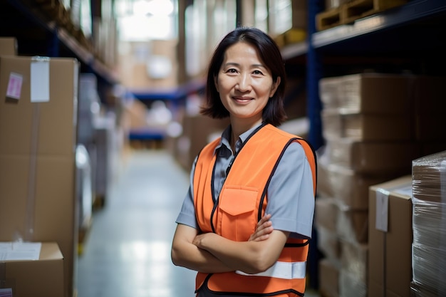AIが生成した倉庫のアジア人女性労働者