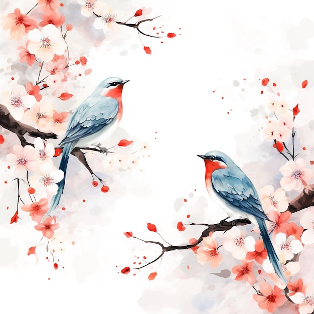 Asian flower watercolor background with birds