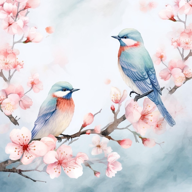 アジアの花の水彩画の背景に鳥が描かれています