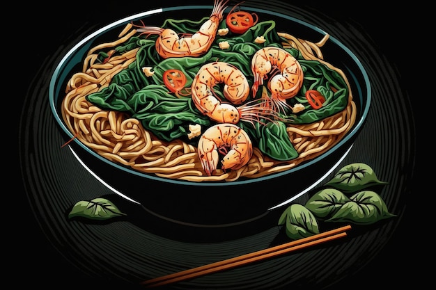 Asian food noodles with prawns in soy sauce with spinach on black table