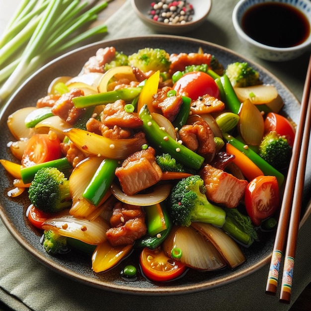 テーブルの上の鉢に野菜を入れたアジア料理のヌードル 横にコピースペースがあります