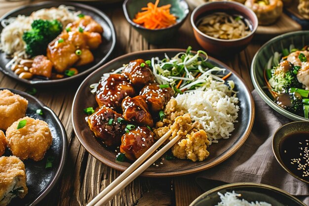 사진 <unk> 을 끼고 접시 에 놓인 아시아 음식