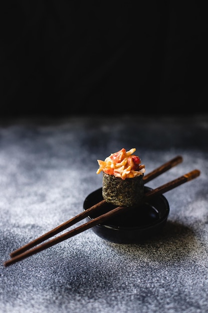 Asian food Roll closeup on a dark stylish background