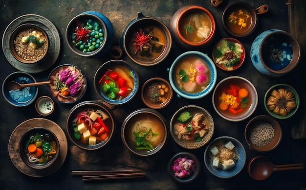 asian food in several bowls on a dark background