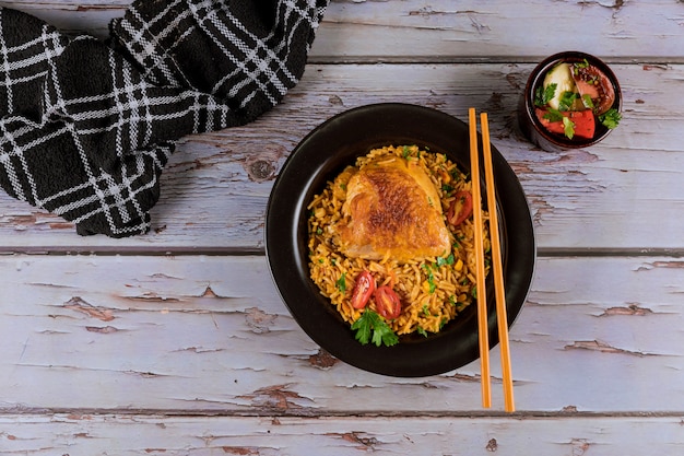 Asian food style rice with fried chicken