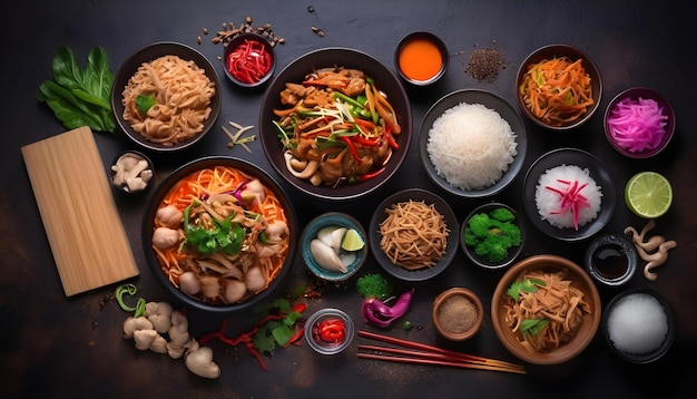 아시아 음식 시골 배경에 중국 또는 태국 음식을 요리하는 다양한 재료