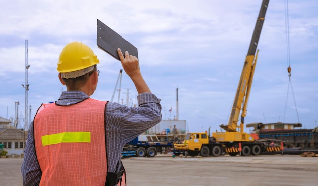 Asian foreman is working to transferring cargo from barge into trailer truck in shipping port