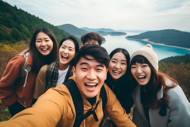 사진 아시아 친구 들 이 멋진 풍경 을 배경 으로 한 집단 셀피 를 찍고 있다