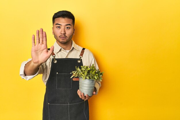 Asian gardener man holding a plant standing with outstretched hand showing stop sign preventing you