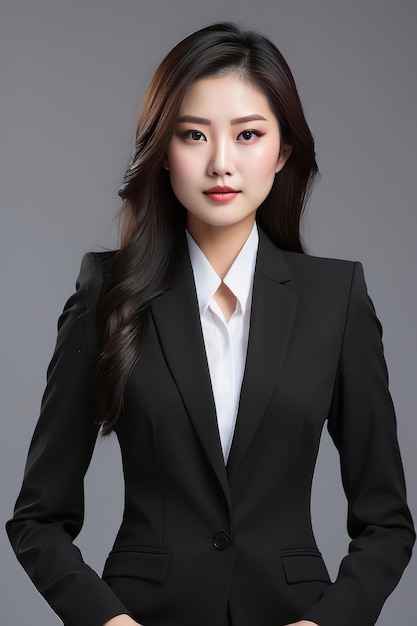 Asian girl in a black suit stands in front of a white background