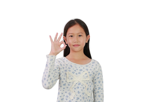 Asian girl child show finger ok symbol sign language isolated on white background