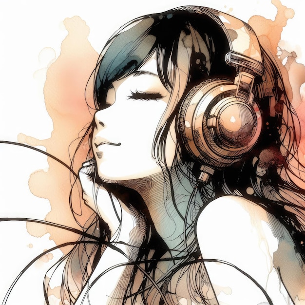 音楽を楽しむアジアの女の子がヘッドフォンをかぶっている Generative AI のイラスト