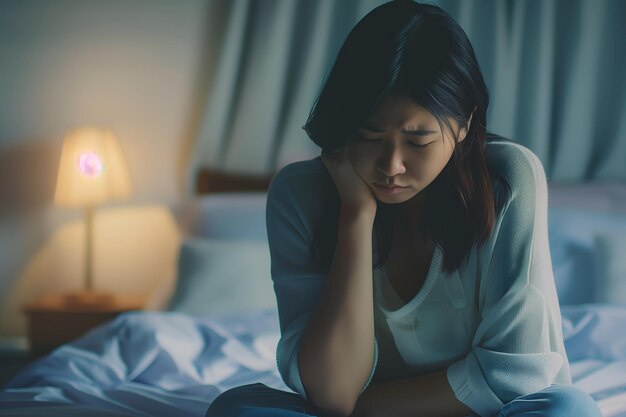 Азиатская девушка чувствует себя грустной и одинокой в спальне под тусклым светом