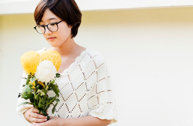 Asian Girl Flower Freshness Relaxation Chrysanthemum Concept