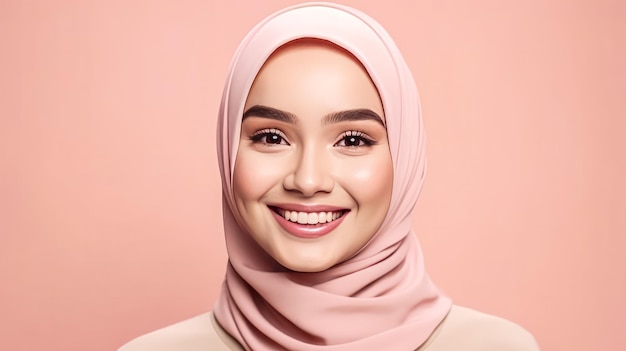 Photo asian girl graces a beige background with her enchanting smile