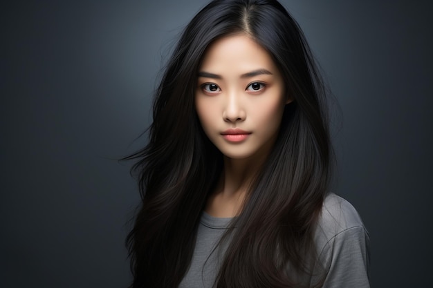 Asian girl hair product model with black hair in gray background