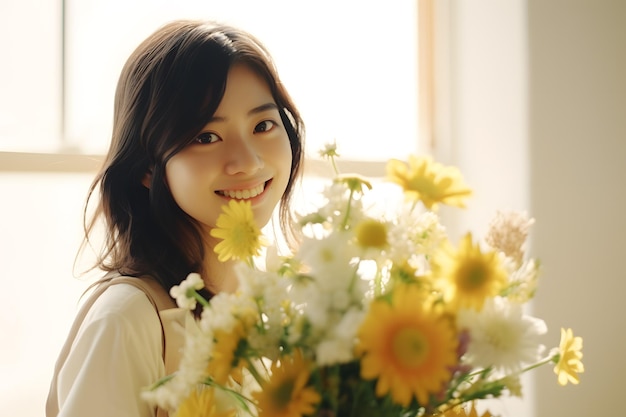 アジアの女の子が花の部屋で幸せで笑顔で