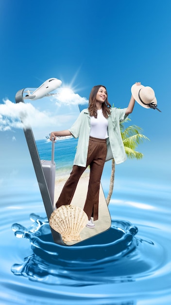 Asian girl in a hat standing with a suitcase on the beach with an ocean view on the mobile phone screen with a ferry and airplane