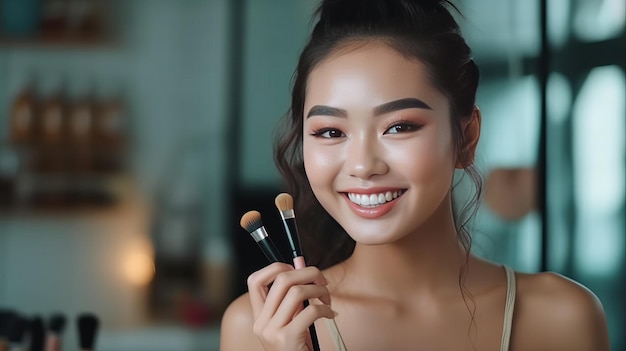 asian girl holding makeup brushes and make up on face with cosmetics set at home