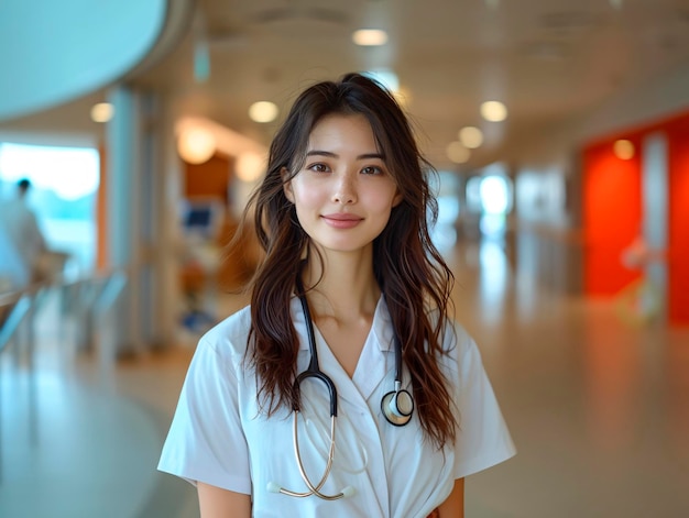 写真 病院で医療ユニフォームを着たアジア人女の子