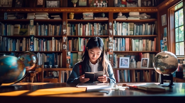 アジアの女の子が学校の図書館で勉強中