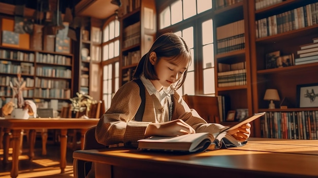 아시아 소녀는 학교 도서관 인공 지능에서 공부하고 있습니다