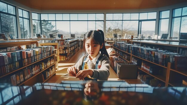 アジアの女の子が学校の図書館で勉強中