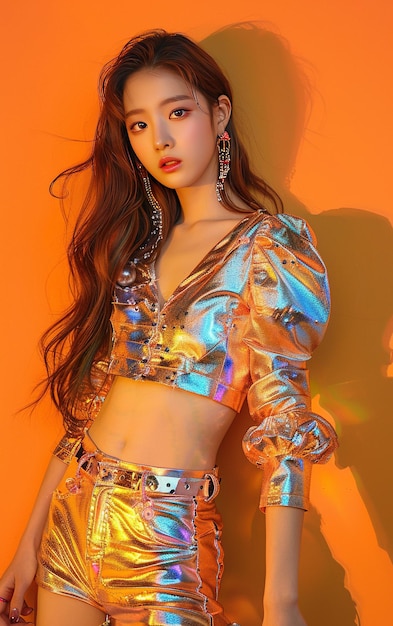 Asian girl kpop idol on an orange background Vertical illustration