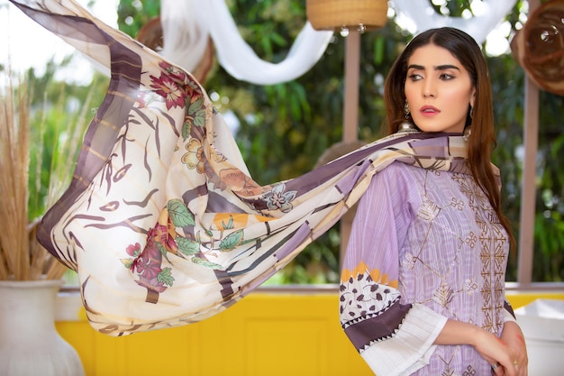 Asian Girl Landscape Waving Dupatta for Fashion Photoshoot
