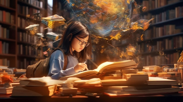 Asian girl in the library Generative AI