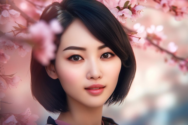 Asian girl near sakura young pretty woman portrait and cherry flowers generative AI