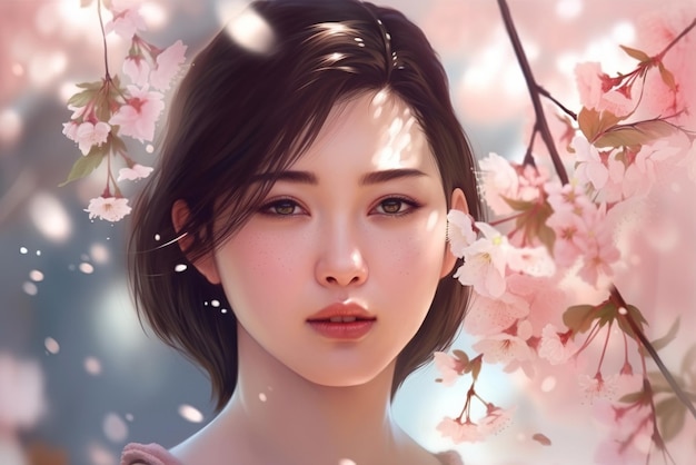 Asian girl near sakura young pretty woman portrait and cherry flowers generative AI