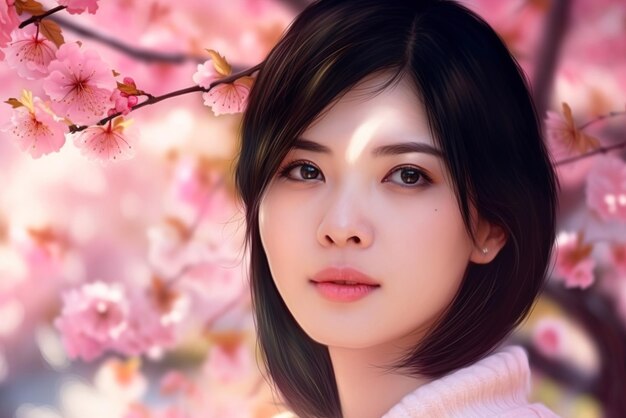 Asian girl near sakura young pretty woman portrait and cherry flowers generative AI