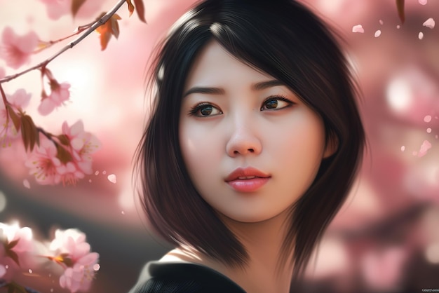 Asian girl near sakura young woman portrait and cherry flowers generative AI