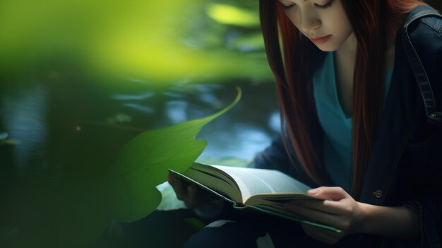 Asian girl reading a book by a quiet lake