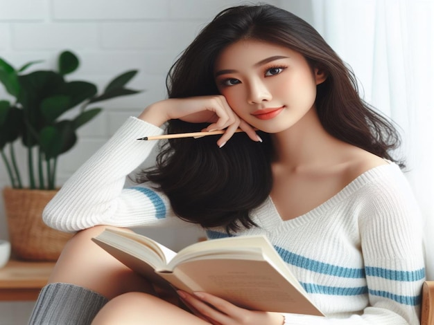 Asian girl reading a book