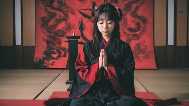 Photo asian girl in satanic ritual background