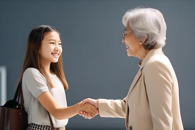 写真 アジアの女の子が年配の女性と握手している