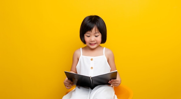 Asian girl Sit and read a book and smile happily Selfreading concept in childhood Smart kid Creative kid Smart kid