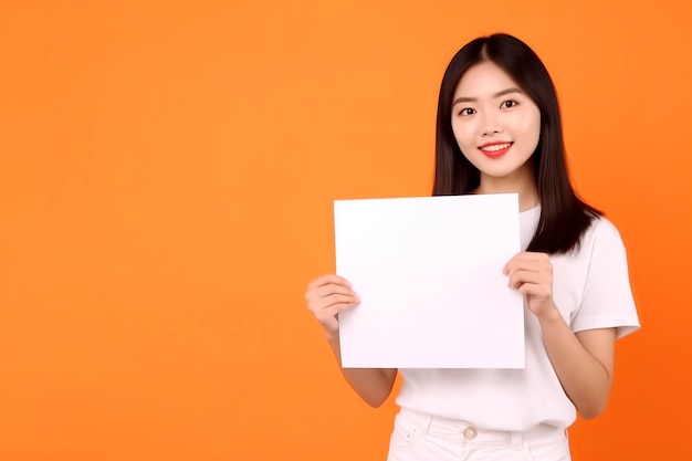 テキストを挿入する白い段ボールを示すオレンジ色の背景に微笑むアジアの女の子モックアップアジアの特徴