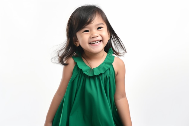 Asian girl smiling wear green outfit in a white background