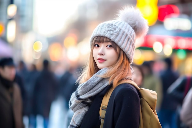 Asian girl strolls as a tourist among the beautiful streets Ai generated